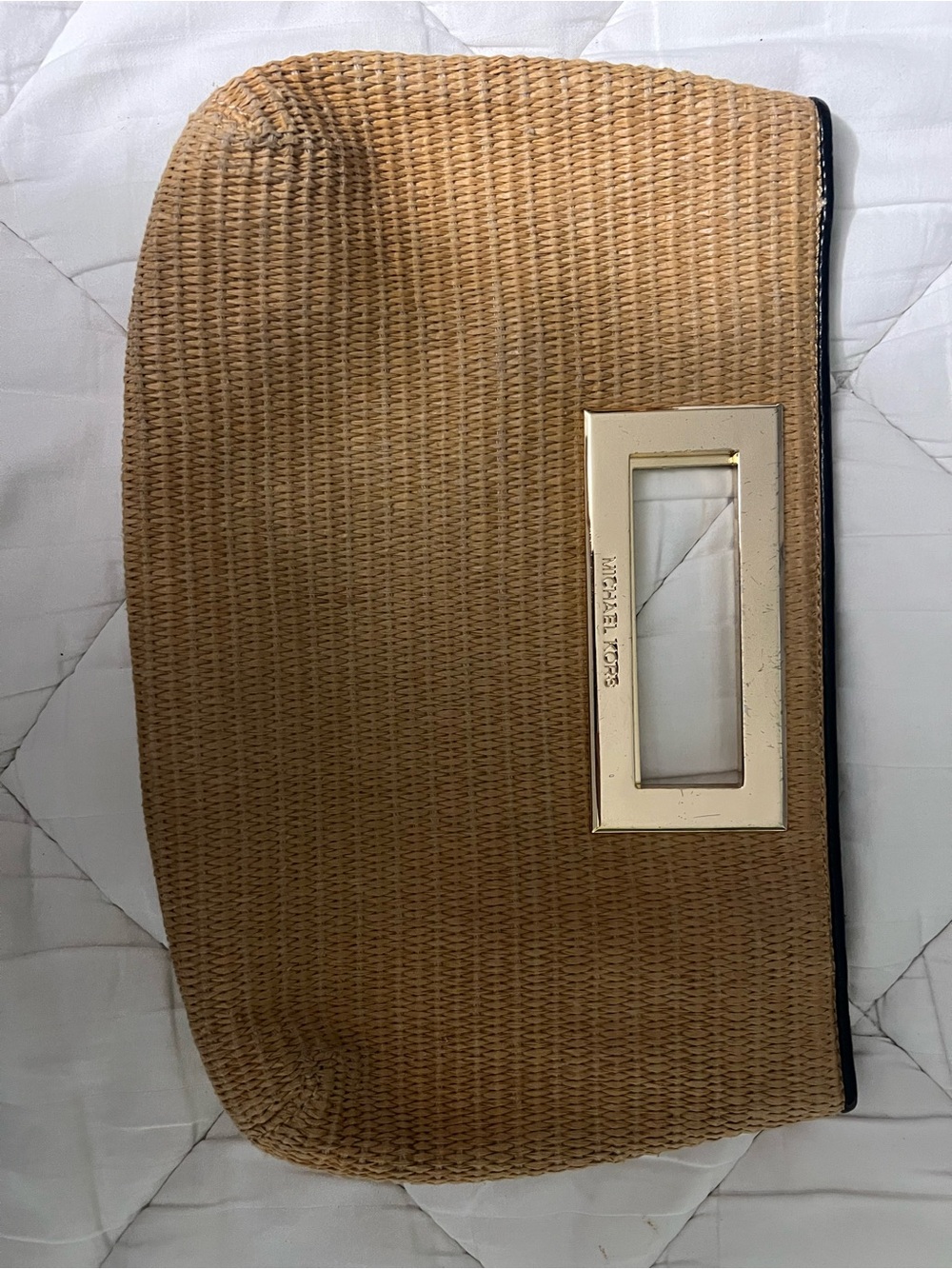 Michael Kors Gold-Trim Woven Straw Clutch in Tan